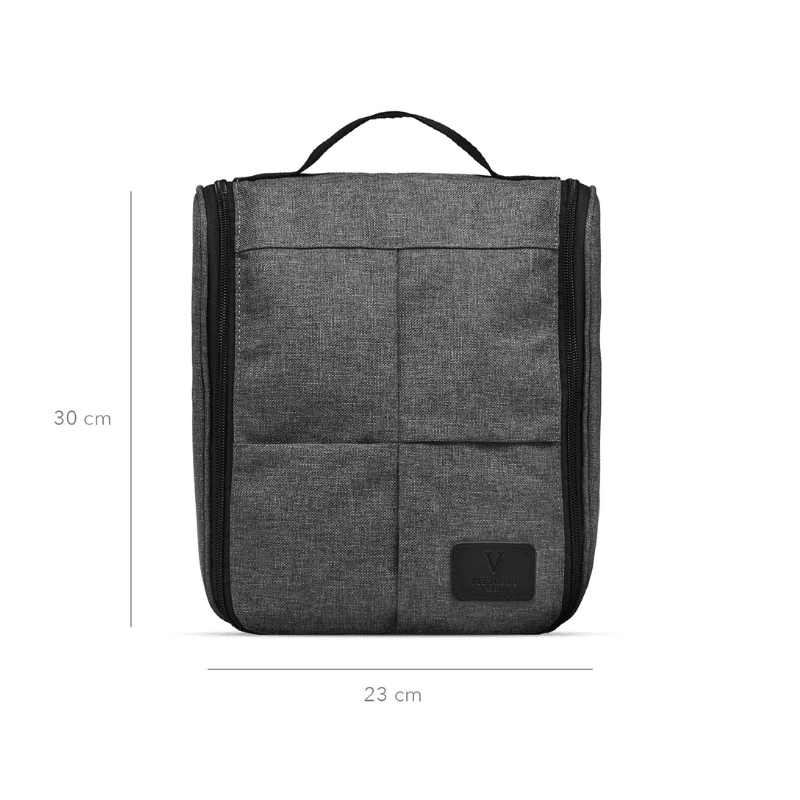Stängd grå necessär från Vittorio sedd framifrån, med måtten 30 cm hög och 23 cm bred