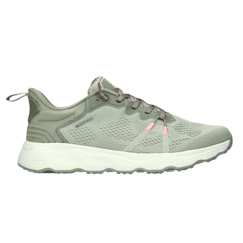 Vattentät olivgrön Waldläufer damsneaker med mesh och vita sulor, sedd från sidan