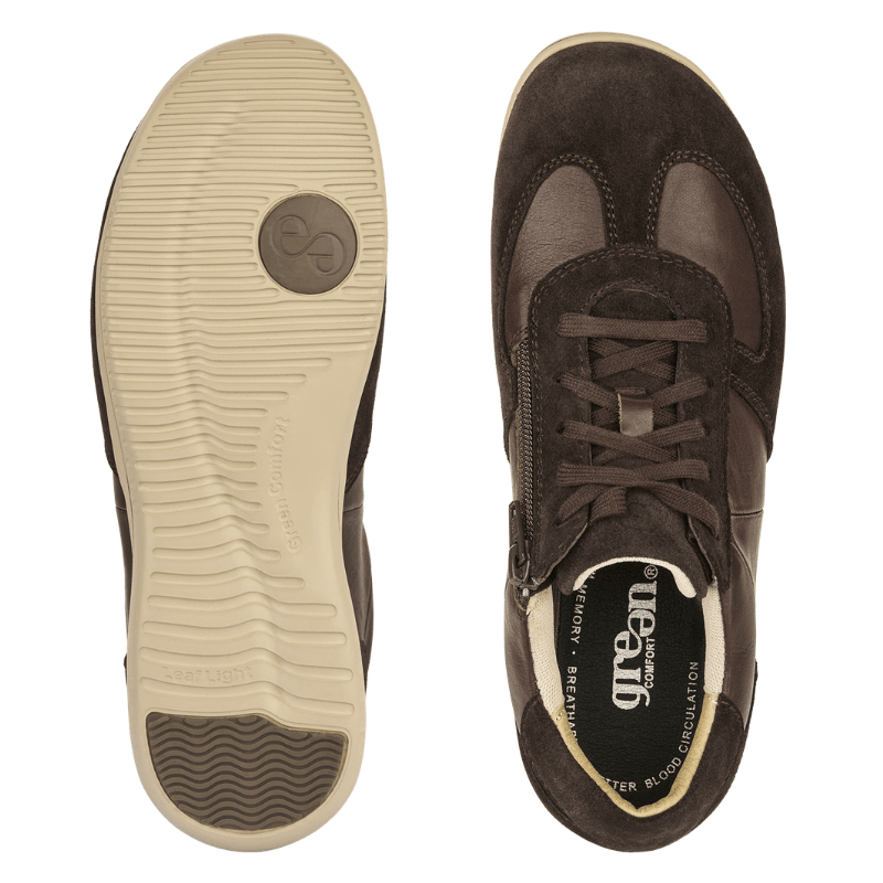 Green Comfort Leaf damsneakers sedd uppifrån med snörning och dragkedja, samt undersidan med mönstrad sula och logotyp