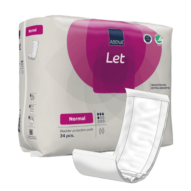 Förpackning Abena Abri-Let Normal inkontinensskydd med lila design och en utdragen vit inkontinensbinda med randigt mönster på baksidan