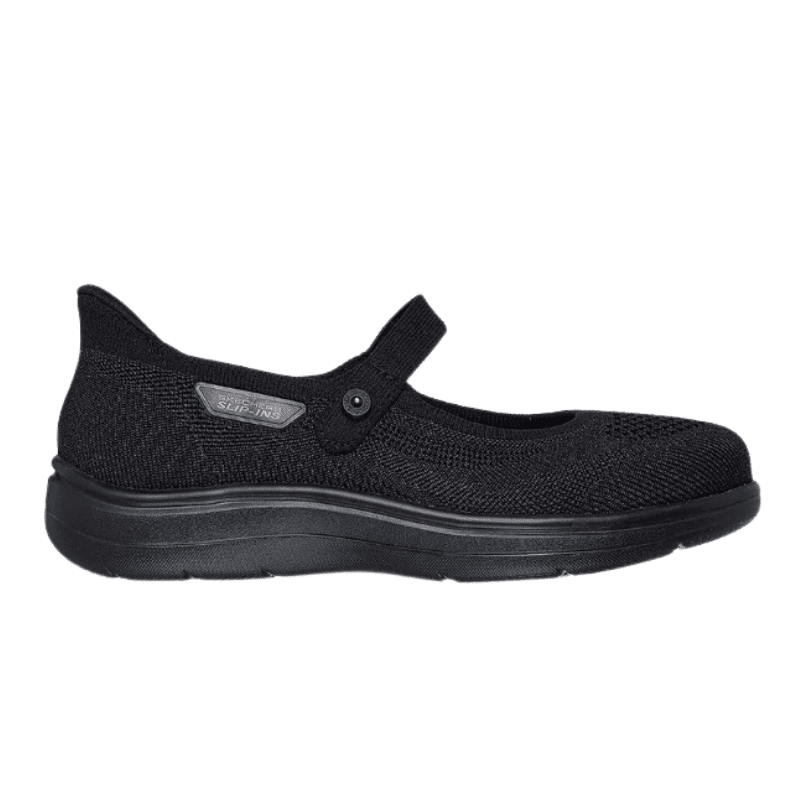 Svart Skechers slip-in ballerinasko för damer, sedd från sidan med stickad ovandel och rem över vristen