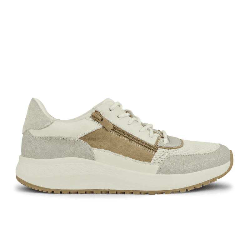 Offwhite Green Comfort damsneaker i läder och mocka, sedd från sidan med snörning och dragkedja