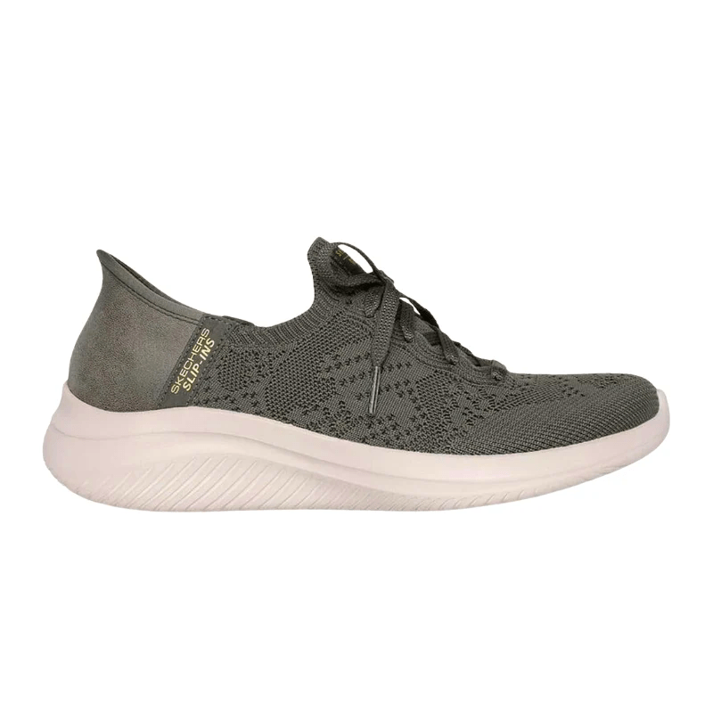 Olivgrön Skechers slip-in damsneaker sedd från sidan med stickad ovandel och ljus sula