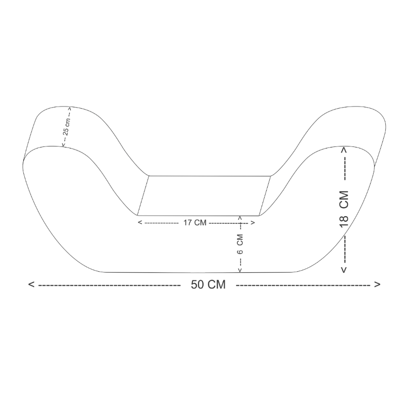 Teknisk ritning av ländkudden med måttangivelser: 50 cm lång, 18 cm hög och 25 cm bred