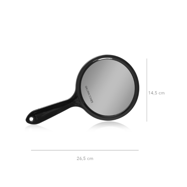 Sort Gillian Jones håndspejl med målangivelser: 26,5 cm længde og 14,5 cm i diameter