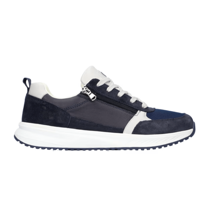 Mørkeblå Waldläufer herresneaker i skind og syntet med hvide snørebånd og lynlås på siden