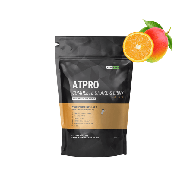 Sort pose Atpro Complete Gul proteinsaft med frisk appelsin og mango