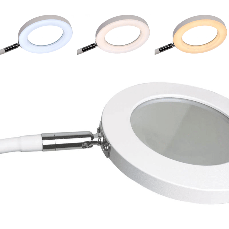 Nærbillede af luplampens LED-lys i ringen omkring forstørrelsesglasset med tre forskellige lystemperaturer