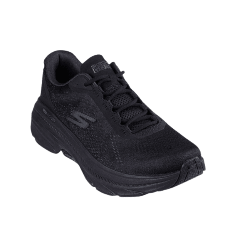 Svart Skechers herrsko med snörning och meshovandel, fotograferad snett framifrån och ovanifrån