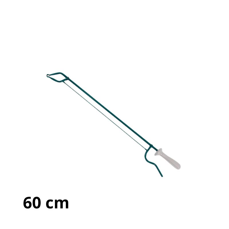 En mellanstor grön passiv griptång med vitt handtag, sedd snett uppifrån mot vit bakgrund