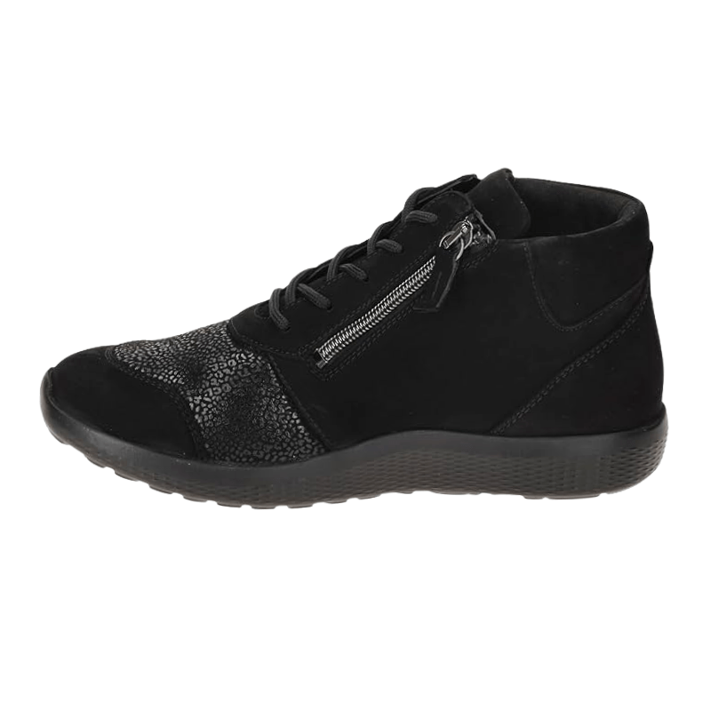 Höger svart Waldläufer damsneaker från sidan med dragkedja och snörning, detaljer i läder