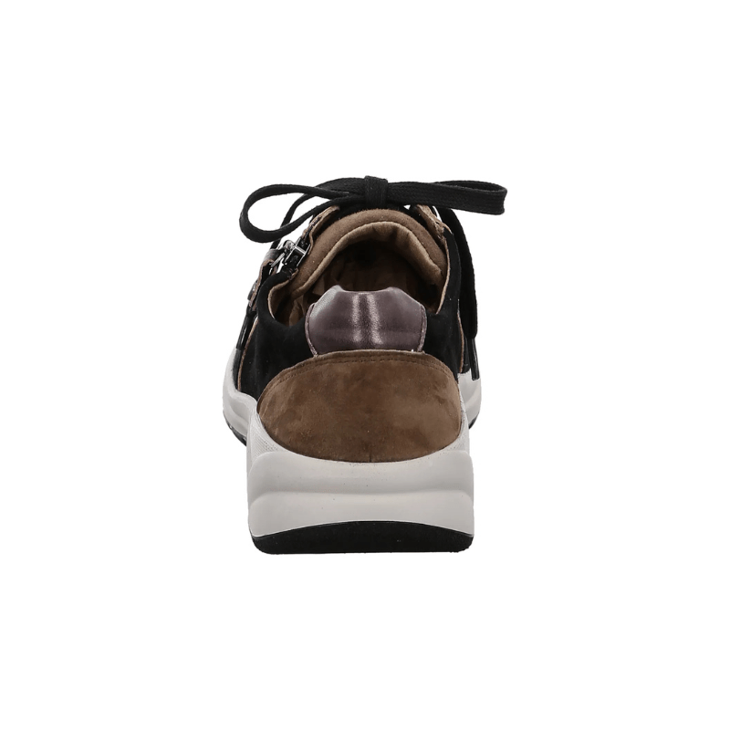 Fidelio damsneaker i svart och brunt läder sedd bakifrån, visar hälpartiet och den vita sulan