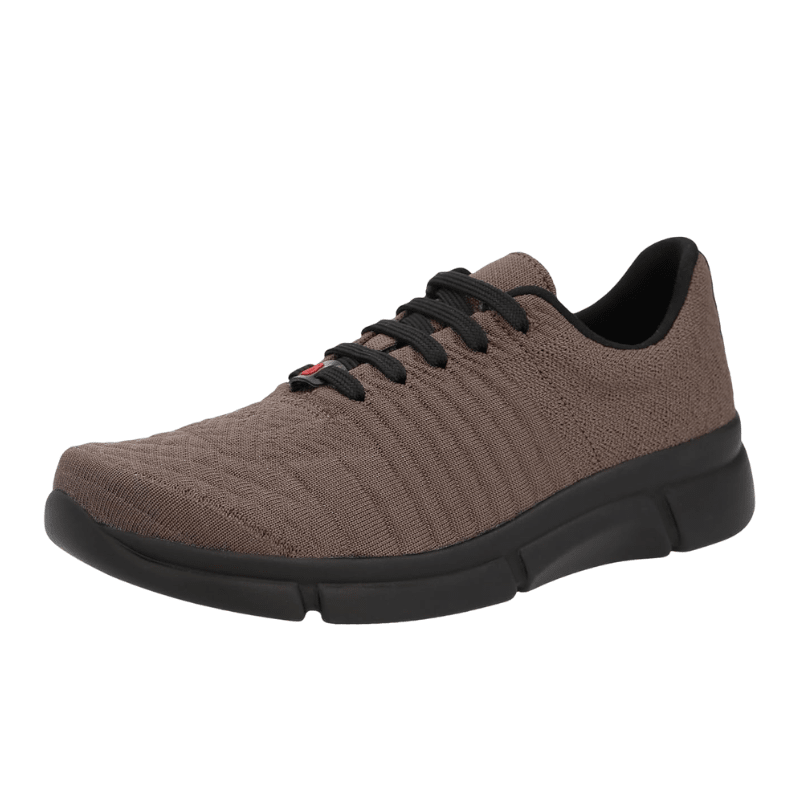 Berkemann damsneaker i brun stickad textil med svarta snören, sedd snett framifrån