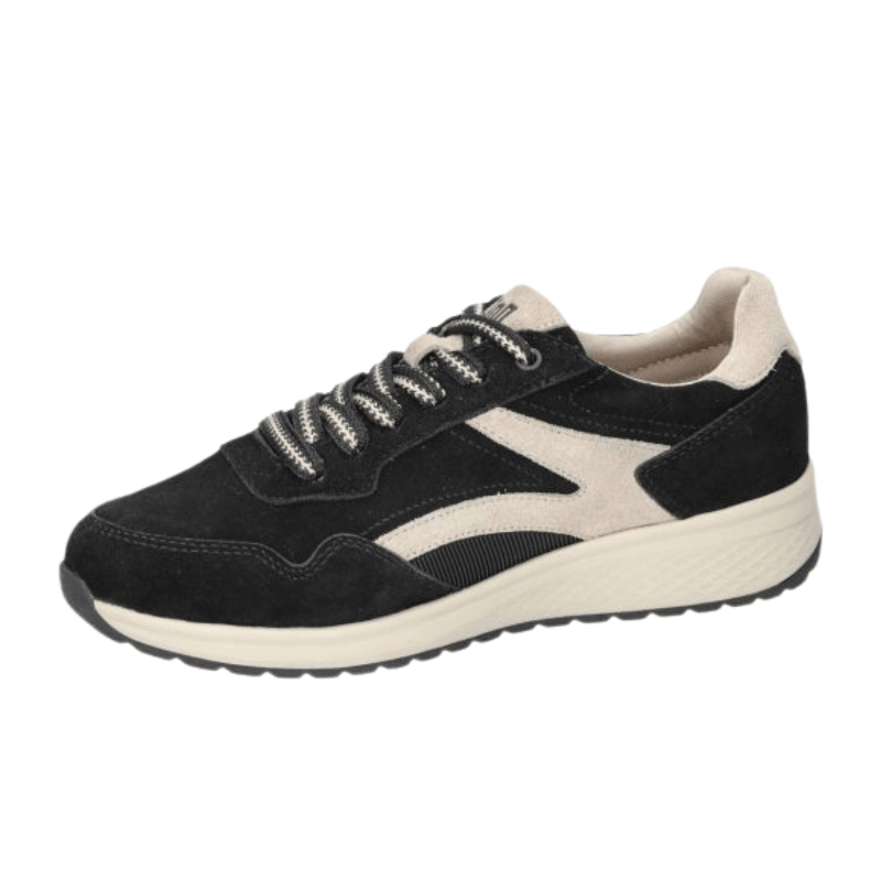 Svart Waldläufer damsneaker i mocka med ljusa detaljer och snörning, sedd från sidan