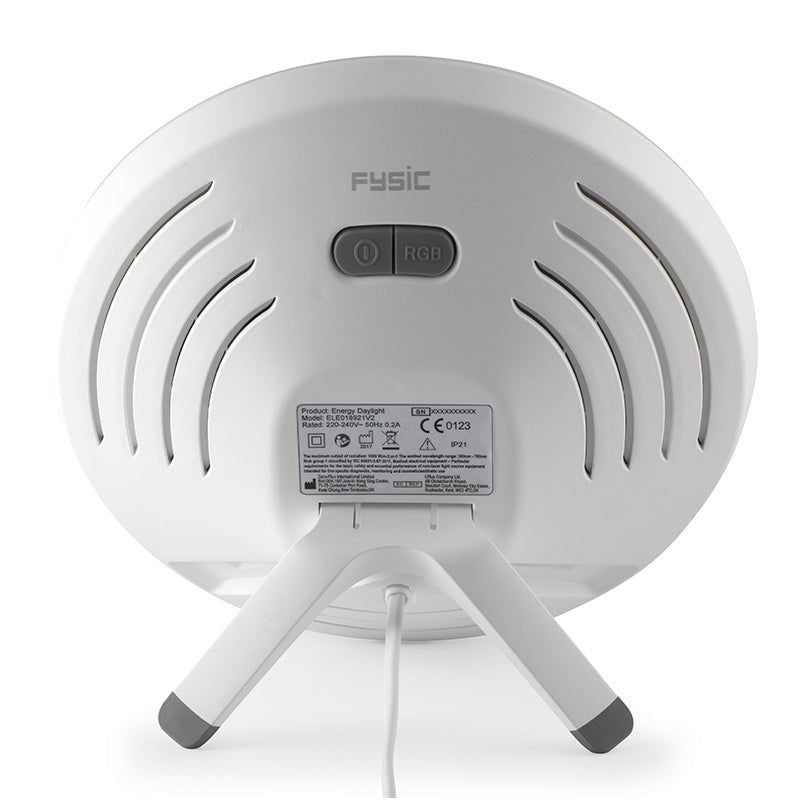 Baksidan av den vita FYSIC ljusterapilampan med ventilationshål och två grå knappar