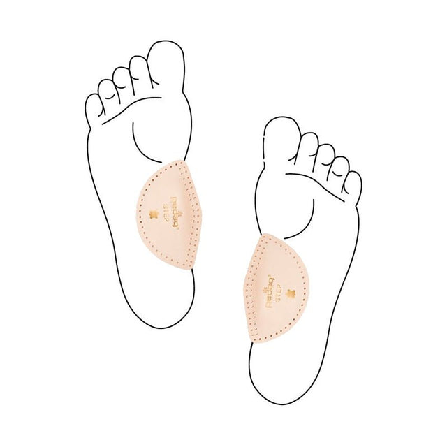 Illustration av två fötter med ljusbeige hålfotsinlägg placerade under hålfoten på vardera foten