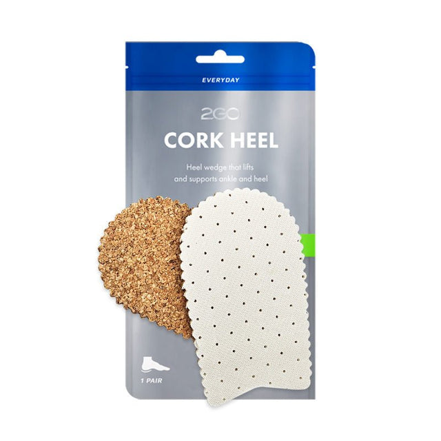 Ett par 2GO hälinlägg i kork och skumgummi, synliga i sin förpackning med en brun korkdel och en vit perforerad del