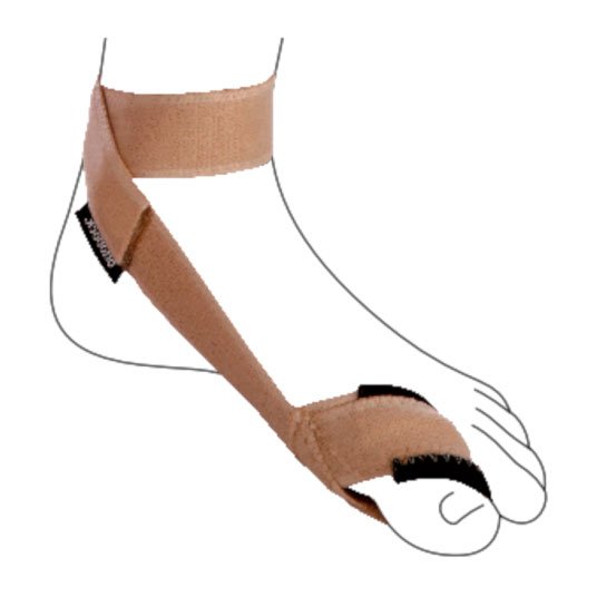 Beige stortåband för Hallux Valgus fäst runt fotled och stortå med svarta kardborreband