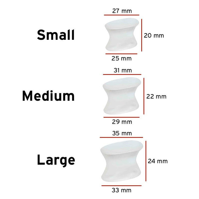 En størrelsesguide for tåspredere i silikone, der viser Small, Medium og Large med præcise mål i millimeter