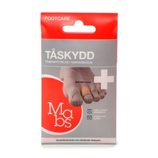 Mabs emballage for tubeformet tåbeskyttelse, med illustration af fod og beskyttelse på tå