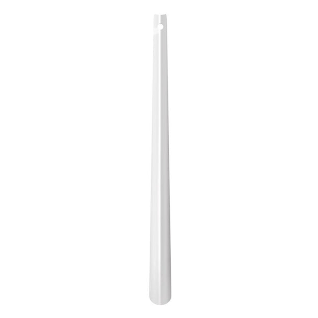 Långt vitt skohorn med stilren design, sett framifrån. Har ett litet hål upptill för upphängning