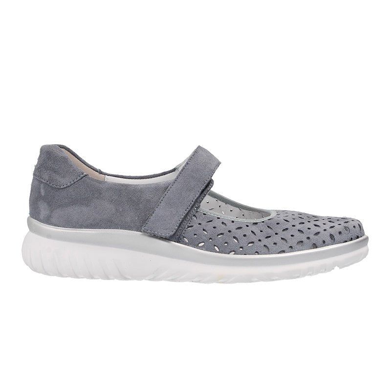 Semler lätt ballerinasko i blå/grå nubuck med perforerat mönster och kardborreband, sedd från sidan