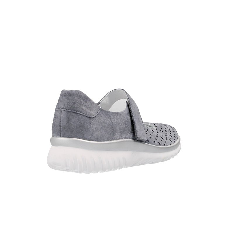 Semler lätt ballerinasko i blå/grå nubuck, sedd snett bakifrån, med vit och silverfärgad sula