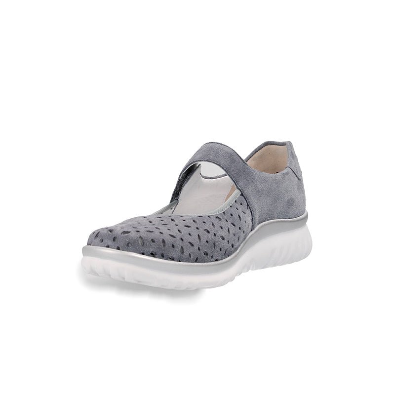 Semler ballerinasko för damer i blå/grå nubuck med perforeringar och kardborreband, sedd snett framifrån