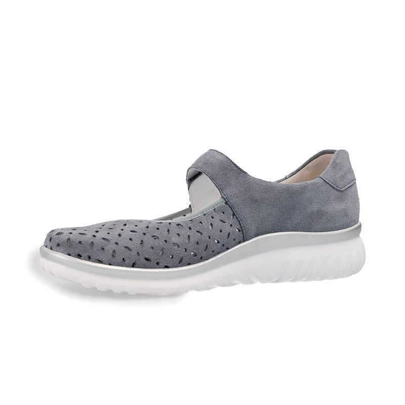 Semler lätt ballerinasko i blå/grå nubuck med perforerat mönster och räfflad vit sula, sedd från sidan