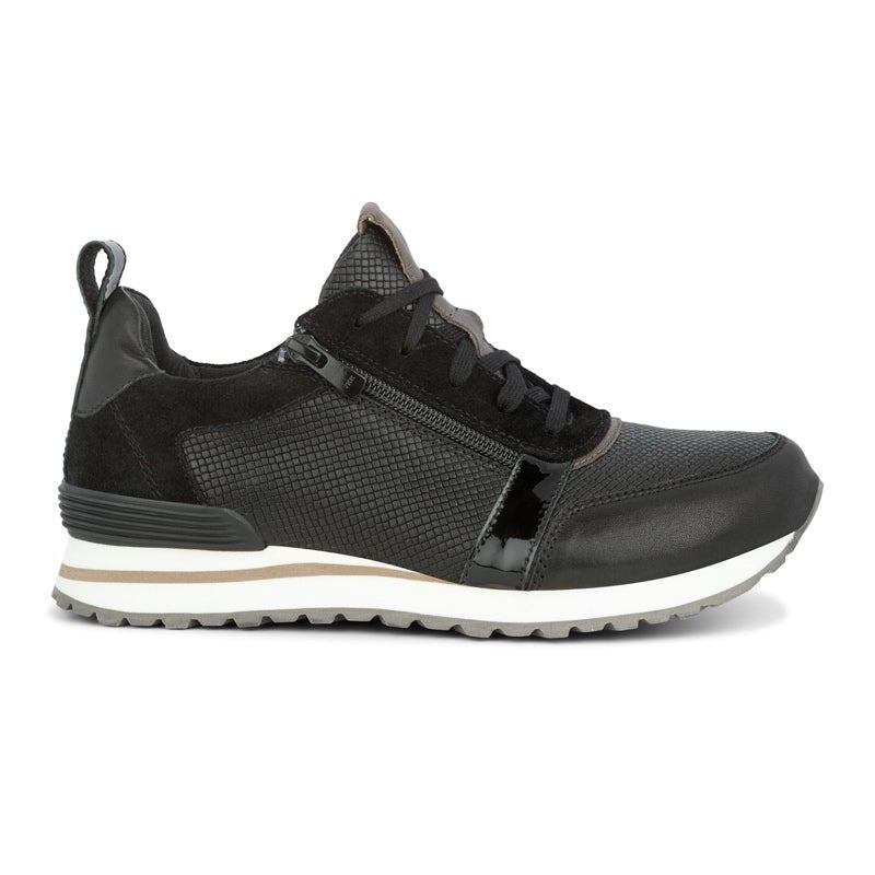 Svart Green Comfort retro sneaker för damer, sedd från sidan med snörning och dragkedja