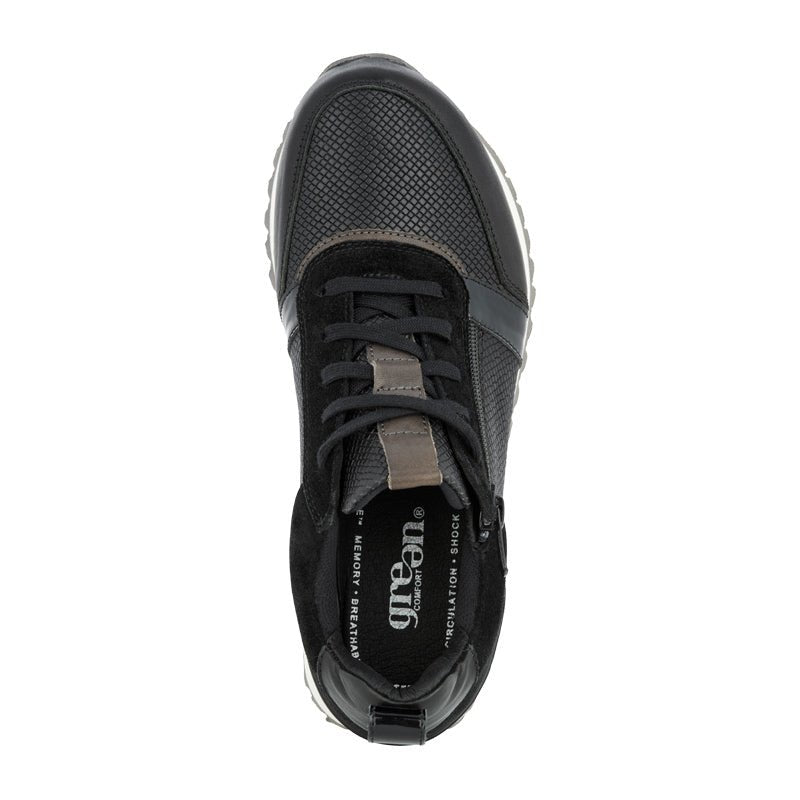 Svart Green Comfort damsneaker sedd uppifrån, med snörning och märkets logotyp på plösen