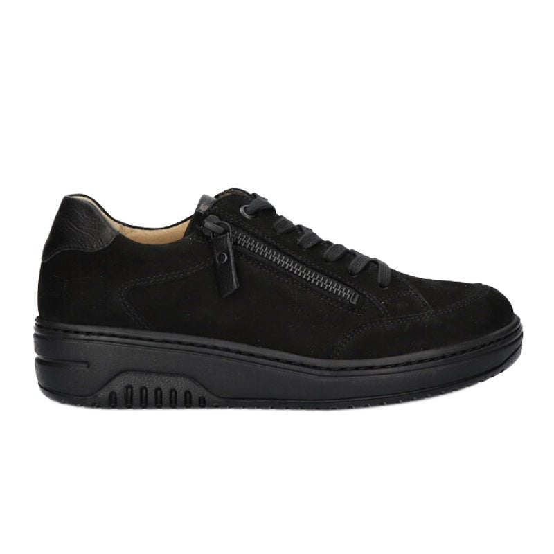 Svart Hartjes damsneaker i nubuck, sedd från sidan med snörning och dragkedja