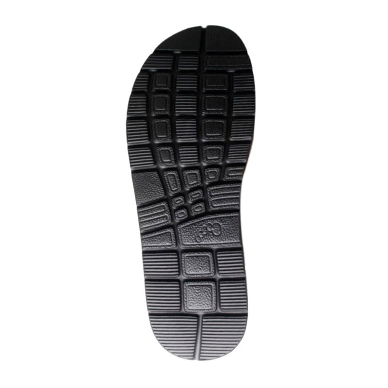 Den svarta yttersulan på New Feet damkänga, med ett tydligt mönster för bra grepp