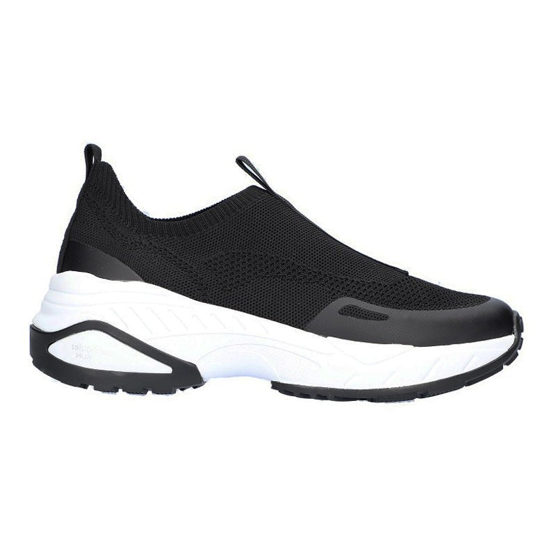 Waldläufer sportig damsneaker i svart stickat material med tjock vit sula, sedd från sidan
