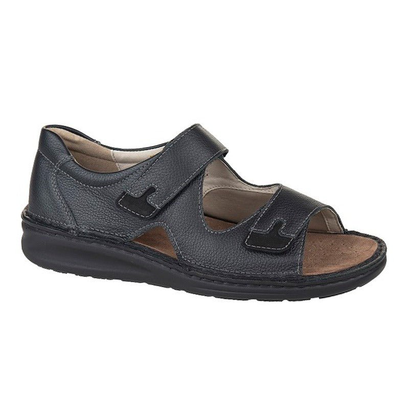 Sort Fidelio herresandal i skind med to brede velcroremme set fra siden