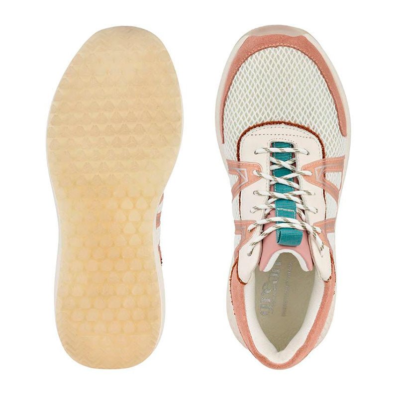 Ett par rosa Green Comfort damsneakers, en sedd uppifrån med snören och en sedd underifrån med halkfri sula