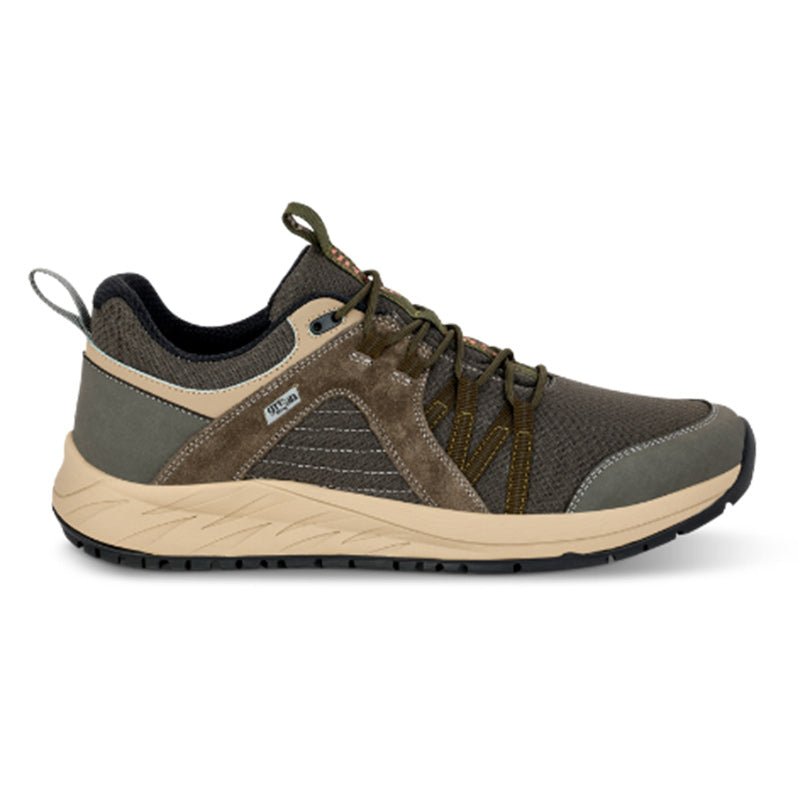 Green Comfort outdoor herresko i varm grå med elastiske snørebånd, set fra siden
