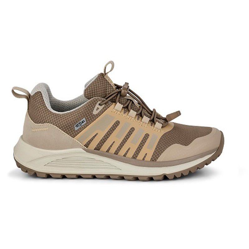 Green Comfort outdoor damsneaker i sand och brun färg, sedd från sidan med elastiska snören