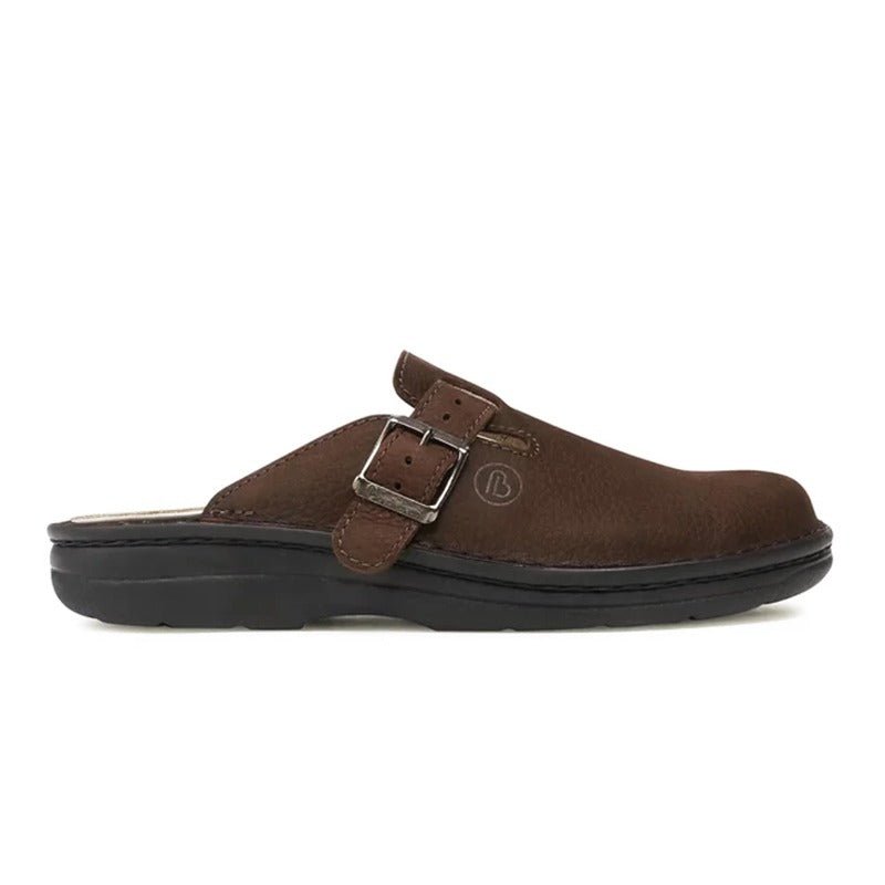 Mørkebrun Berkemann herreslipper i nubuck med justerbart spænde over vristen, set fra siden