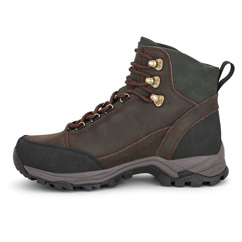 Green Comfort outdoor herrestøvle i brun nubuck, set fra venstre side med snørebånd og sål
