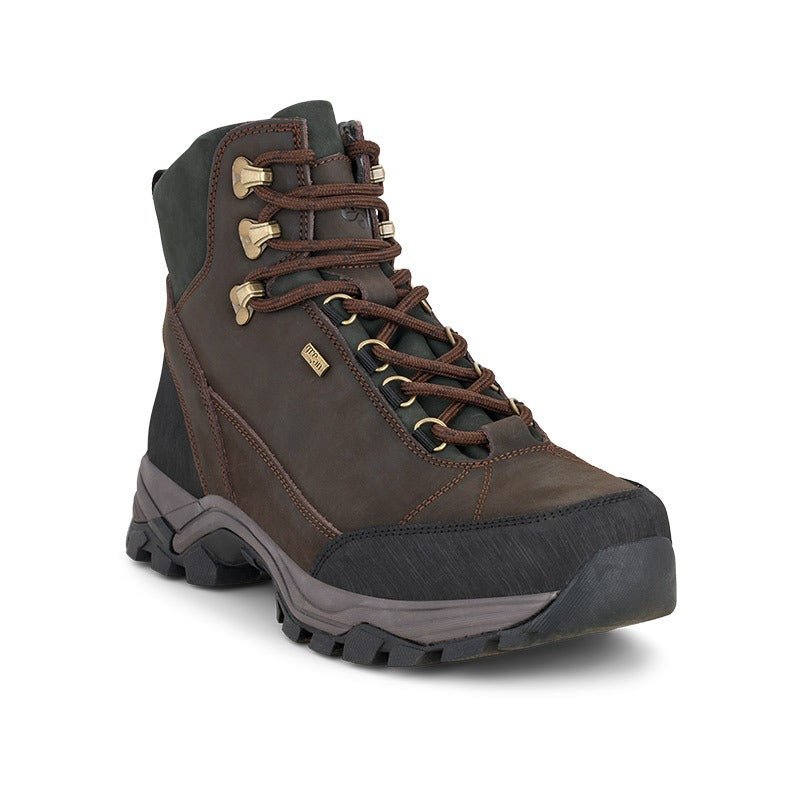 Brun Green Comfort outdoor herrestøvle i nubuck, set skråt forfra med snørebånd og robust tå