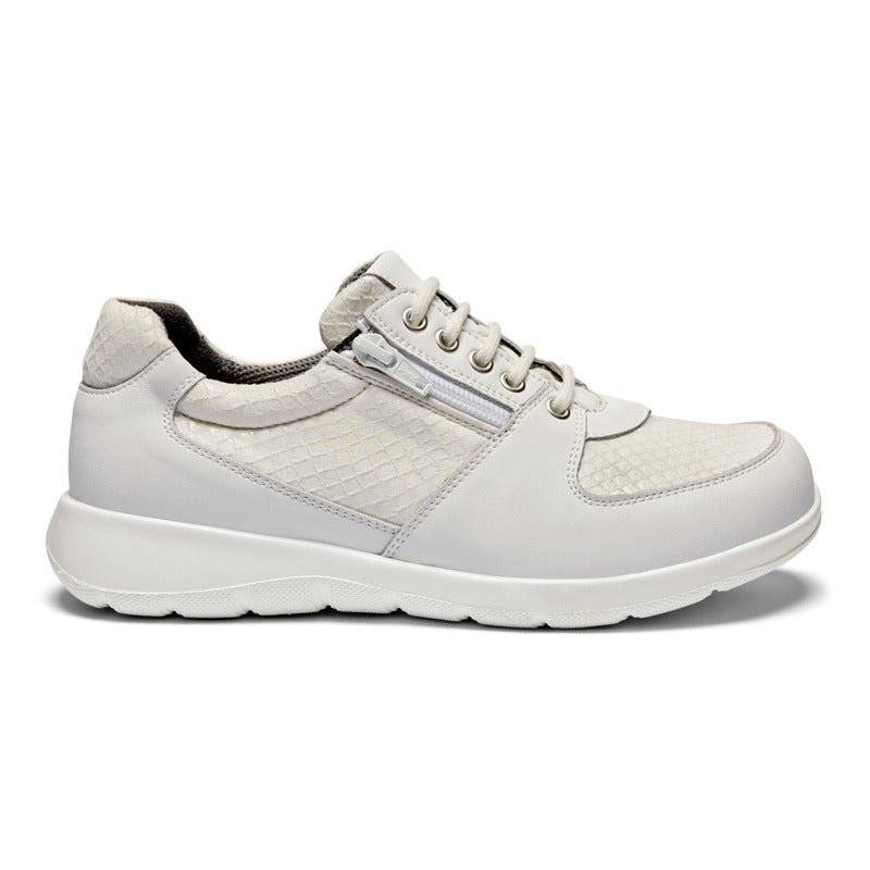 Vit New Feet damsneaker i läder med präglade detaljer, snörning och dragkedja, sedd från sidan