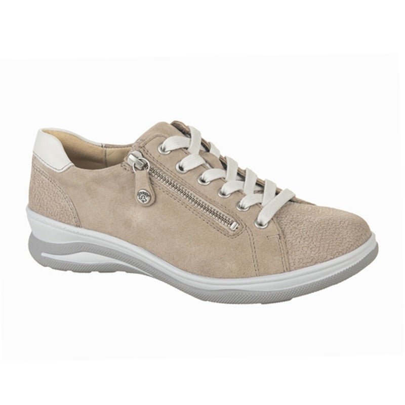 Fidelio sportig damsneaker i beige mocka och läder, med vita snören och dragkedja på sidan