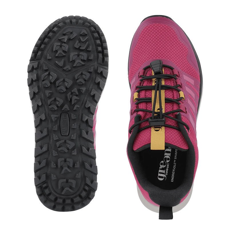 Green Comfort damsneaker i rosa, sedd ovanifrån med mönstrad halkhämmande yttersula