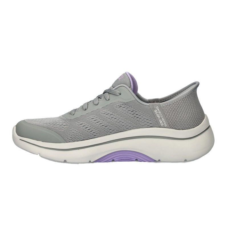 Grå Skechers slip-in damsneaker med handsfree design, sedd från insidan med fast hälkappa och lila detaljer
