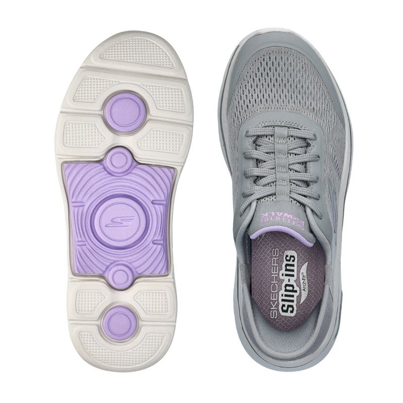 Grå Skechers slip-in damsneaker sedd uppifrån med Arch Fit innersula, samt skons sula med lila stötdämpande detaljer