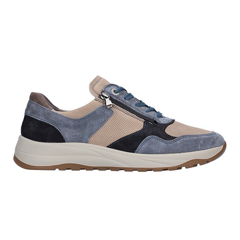 Waldläufer herresneaker i beige og blå med snørebånd og lynlås i siden, set fra siden