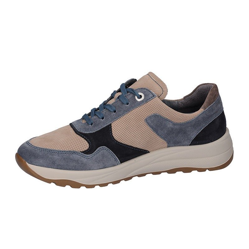 Beige og blå Waldläufer herresneaker med snørebånd og detaljer i skind, set fra siden