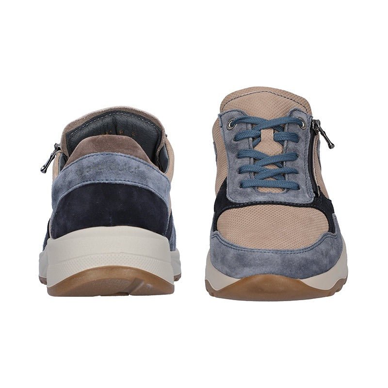 To Waldläufer herresneakers i beige og blå, set forfra med snørebånd og lynlåsdetalje