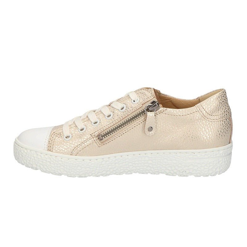 Hartjes gyllene damsneaker med vit snörning och praktisk dragkedja på sidan